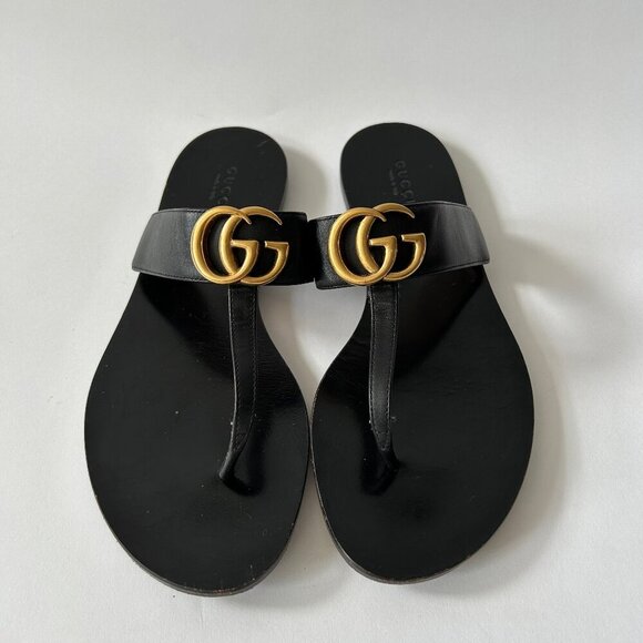 GUCCI BLACK LEATHER GG T-STRAP SANDAL - Picture 1 of 6